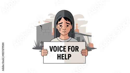 Illustration of crying person holding 'Voice for Help' sign in front of destroyed buildings, rendered in flat colors