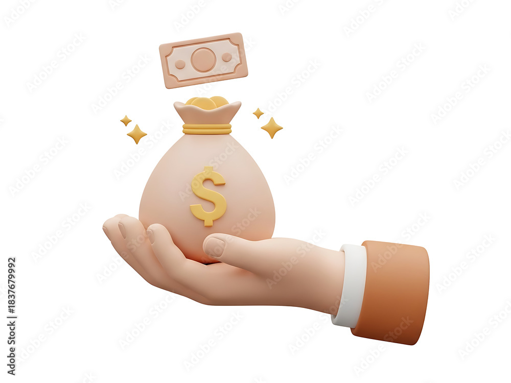 Fototapeta premium 3d rendering of a hand holding a money bag with a banknote floating above, isolated on white isolated on transparent background