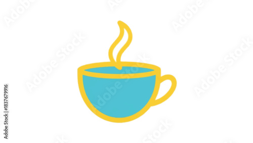 A steaming blue coffee cup with a yellow outline and handle.