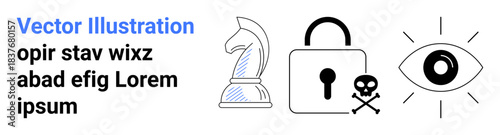 Cybersecurity, strategy, data privacy, hacking threats, surveillance, visual . Chess knight, lock with skull symbol and eye. Cybersecurity and data privacy through symbols