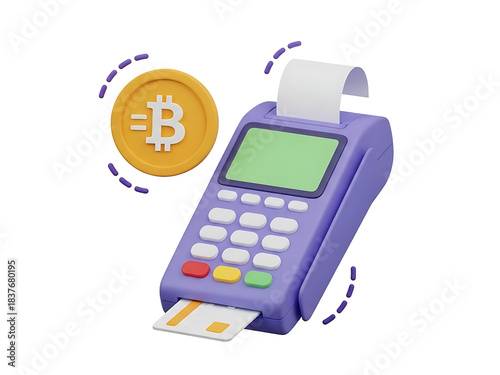 3D POS Terminal with Bitcoin Icon and Credit Card Payment Illustration