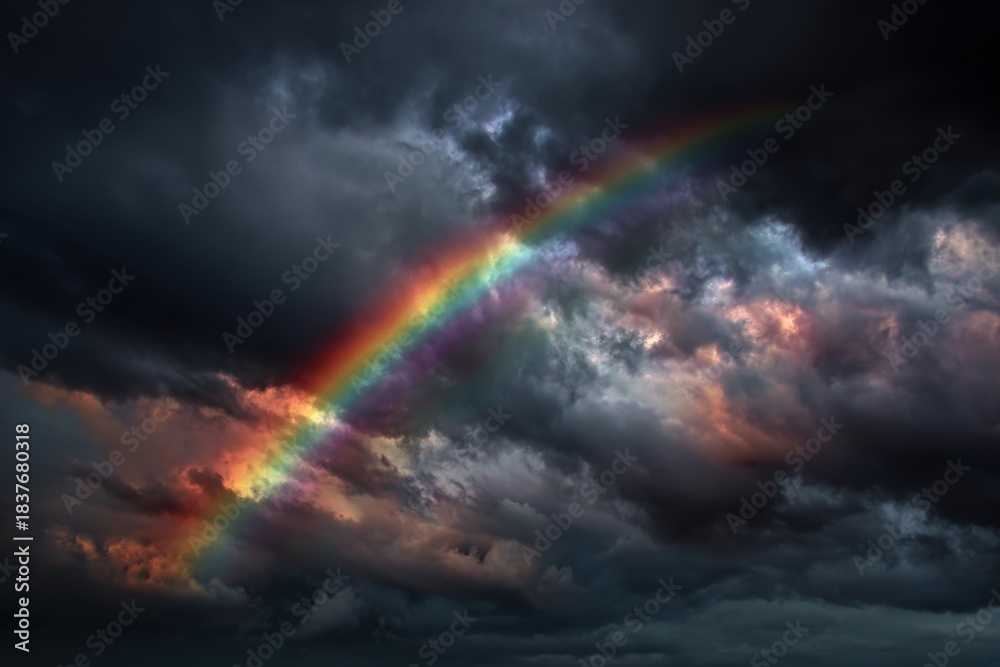 Fototapeta premium Stormy sky showcasing a vibrant rainbow amidst dark clouds right after the rain has fallen over the landscape, creating a unique contrast and a moment of natural beauty