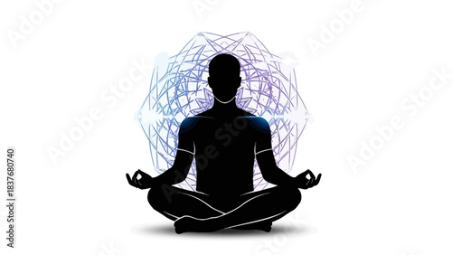 Silhouette meditating with a complex geometric pattern radiating behind the figure, colored in soft purples and blues