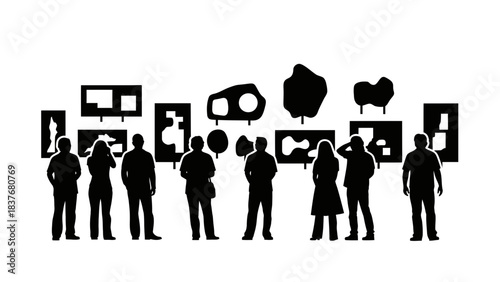 Silhouetted figures view abstract art pieces in a gallery setting, all in monochrome black and white