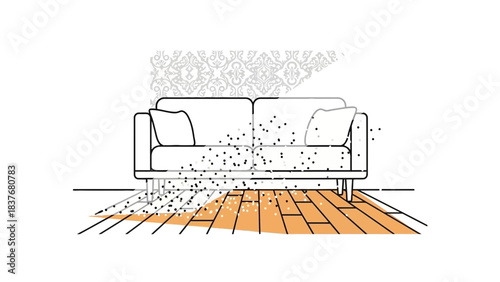 Simple outline of sofa in a room with patterned wall and wooden floor, covered in dust or small particles