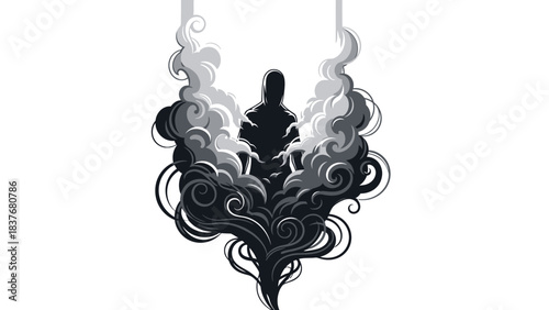 Silhouetted figure amid swirling, stylized smoke in shades of gray on a white background