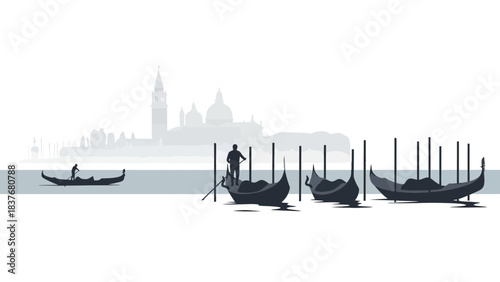 Silhouetted gondolas glide on water, silhouetted city skyline background, minimalist art style, serene and peaceful scene