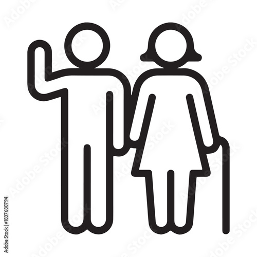 Elderly couple icon waving and holding cane