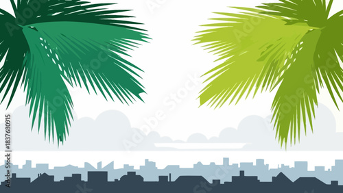 Stylized city skyline with palm fronds, soft clouds, serene, peaceful, simple, clean backdrop, vector