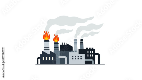 Stylized factory emitting smoke and flames against a white background, flat design