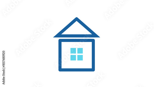 Stylized house icon with blue outline and square window on white background
