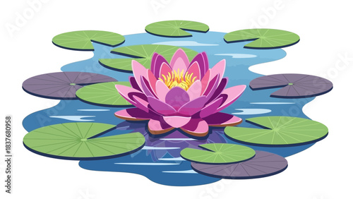 Stylized water lily with green pads, purple petals, and yellow center, afloat on blue water