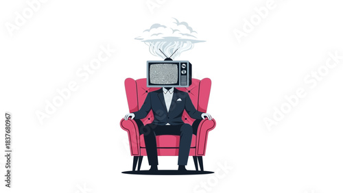 Suited figure sits with a static TV for a head, atop a pink chair with smoke