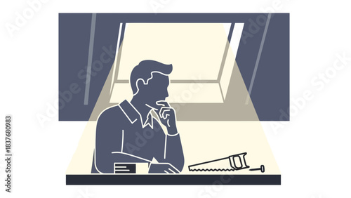 Thinking man, building plans, and hand saw in a brightly lit room with a window