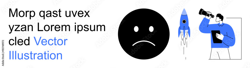 Fototapeta premium Emotional expression, innovation, space exploration, human observation, curiosity, communication. Sad face, rocket and person using a telescope. Emotion and innovation concept