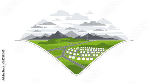 Vector art showcases a serene town nestled amongst mountains under a cloudy sky