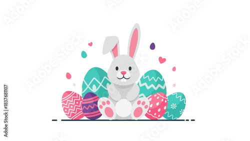 Vector illustration of a bunny sitting among colorful, patterned Easter eggs on a white background with hearts
