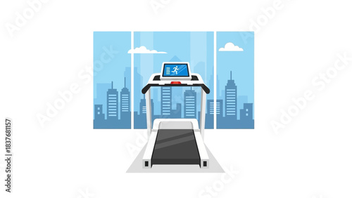 White treadmill with digital display, in front of city windows, under a light-blue sky with clouds