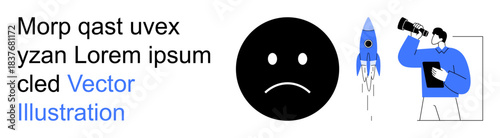 Emotional expression, innovation, space exploration, human observation, curiosity, communication. Sad face, rocket and person using a telescope. Emotion and innovation concept