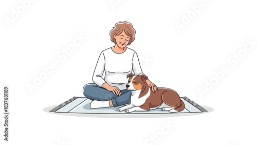 Woman sits with dog on rug, calmly petting it