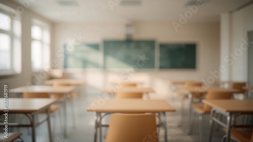  Classroom stillness expressed with blurred chair table arranged near blackboard interior wallpaper background