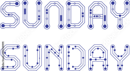 Sunday circuit board text technology font design word for digital computing and electronic concepts

