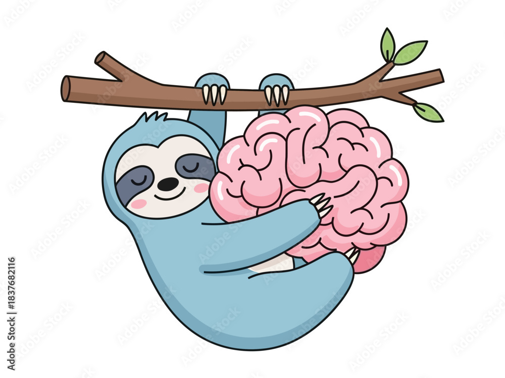 Naklejka premium A cute cartoon sloth is hanging from a tree branch, hugging a pink human brain with its arms.