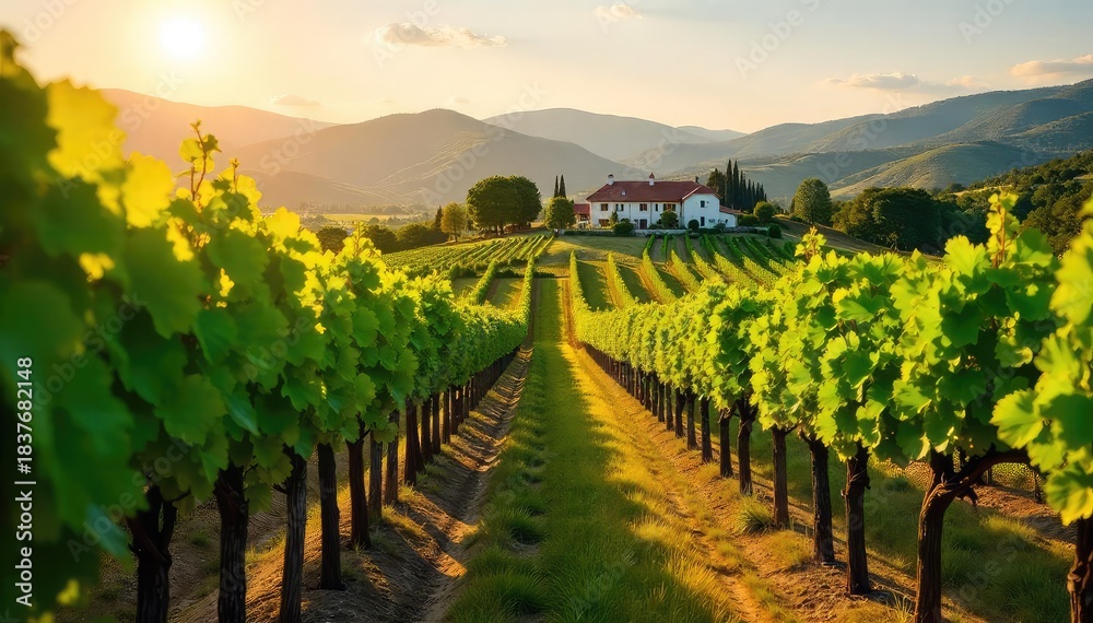 Fototapeta premium Rows of lush grapevines bask in the afternoon sun, stretching towards a picturesque winery nestled amidst rolling hills A perfect autumn harvest scene, ripe for the picking , vineyard view, beauty