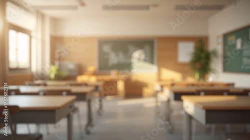  Emotional classroom capture blends chair table and blackboard through artistic blur interior wallpaper background