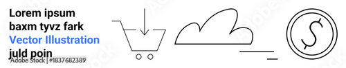 E-commerce, cloud computing, digital storage, online shopping, transaction, and data management. Shopping cart, cloud and currency sign in linear style. E-commerce and cloud computing concept