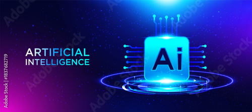 Futuristic artificial intelligence vector design featuring a glowing AI chip with digital circuit elements. Perfect for technology themes, innovation concepts, presentations, banners