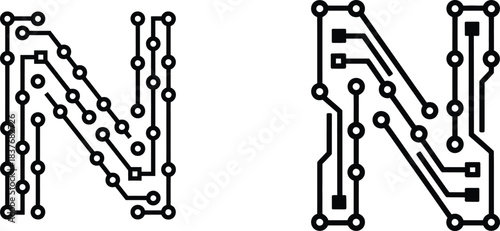 circuit board letter n tech font for futuristic digital technology logos and electronic projects
