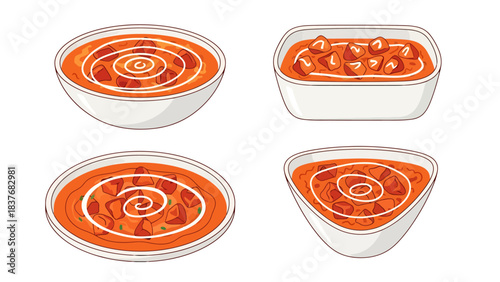 Assorted Fresh Tomato Based Sauces in White Bowls for Cooking and Culinary Use