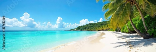 Stunning panoramic view of a pristine tropical beach with turquoise water lapping the white sand shore, lush palm trees swaying gently in the warm breeze, a perfect paradise , horizon, sunny