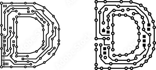 circuit board letter d tech font for futuristic digital technology logos and electronic projects

