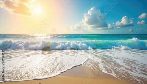 Sun-drenched beach scene with rolling ocean waves crashing on the shore, creating a dynamic summer seascape Perfect for travel, vacation, or summer-themed projects , sky, holiday, water