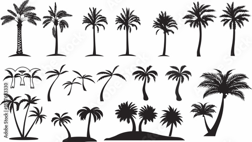 Collection of diverse black silhouette palm tree vector icons perfect for tropical vacation designs