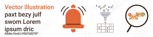 Information processing, email filtering, cybersecurity, data analysis, notification system, digital communication. Red alarm bell, data funnel and email with magnifying glass. Cybersecurity and data