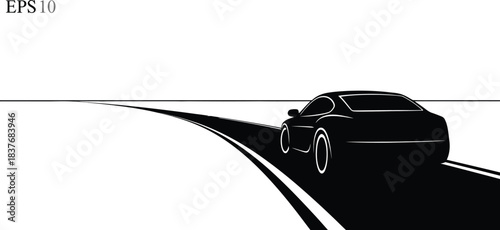 Black silhouette of a sports car driving away on a curved road, isolated on white background