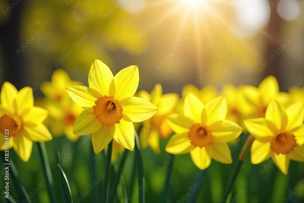 Fototapeta premium Vibrant yellow daffodils in full bloom, bathed in the warm sunlight of springtime A cluster of cheerful flowers announcing the arrival of spring , springtime flowers, nature