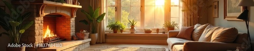Warm sunlight streams through a large window illuminating a cozy living room with a fireplace and comfortable furniture, creating a feeling of peaceful domesticity , house, airy, family