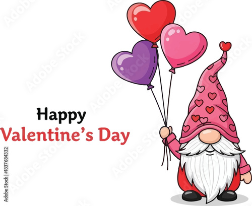 Charming Valentine gnome holding colorful heart balloons wishing everyone a happy day