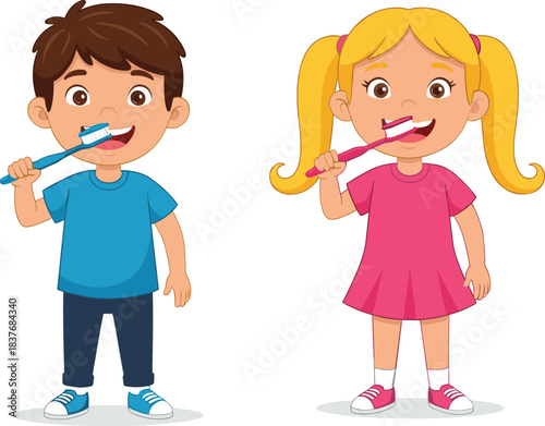 Happy boy and girl brushing teeth together, daily dental hygiene routine, healthy habits for kids, smiling children with toothbrushes