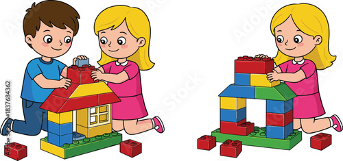 Happy boy and girl building colorful block houses together, creative kids, teamwork, playful learning, early childhood education, fun toy building activity