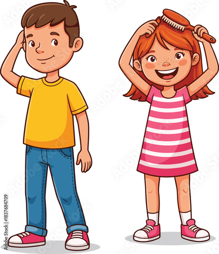 Happy boy in yellow shirt standing, smiling girl brushing hair with hairbrush, kids playing, cheerful children, casual clothing, playful moment