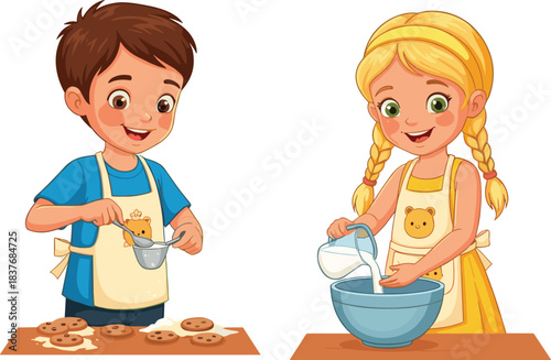 Happy cartoon boy and girl baking cookies together in kitchen, wearing cute aprons, preparing ingredients, fun cooking activity, smiling faces