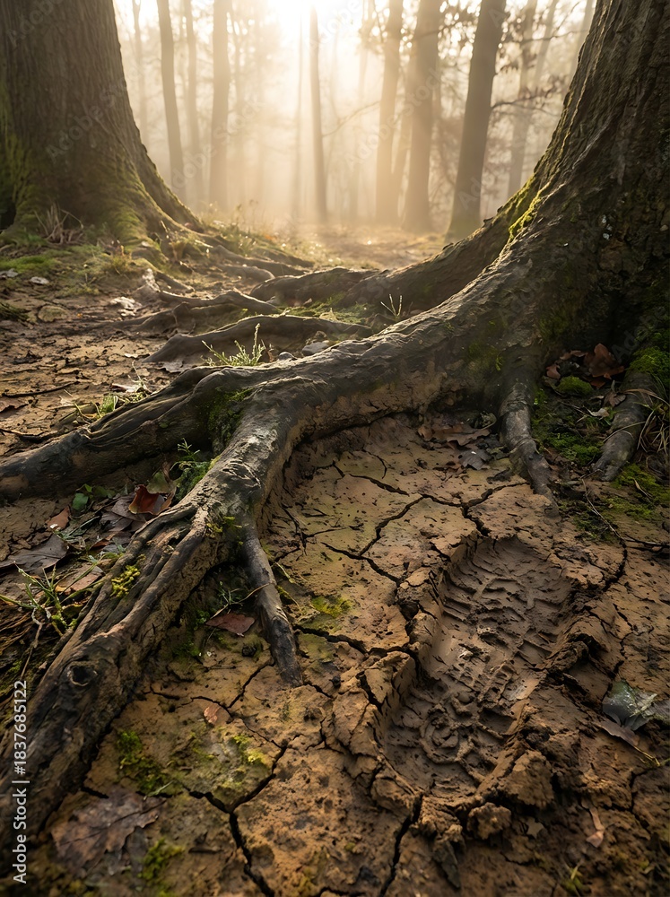 Obraz premium Tree roots emerging through soil next to human footprints on ground, symbolic climate impact