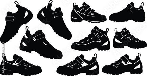 Black athletic shoe designs in various views on transparent background silhouette