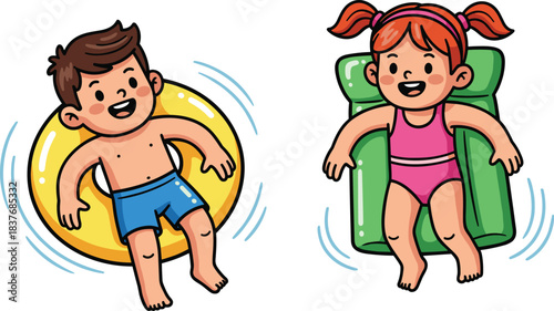 Happy children enjoying summer pool fun, boy with yellow inflatable ring, girl with green float, swimming, water play, kids having fun, outdoor activities, summertime joy