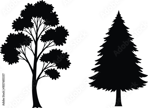 Black tree silhouettes with varying shapes on transparent background